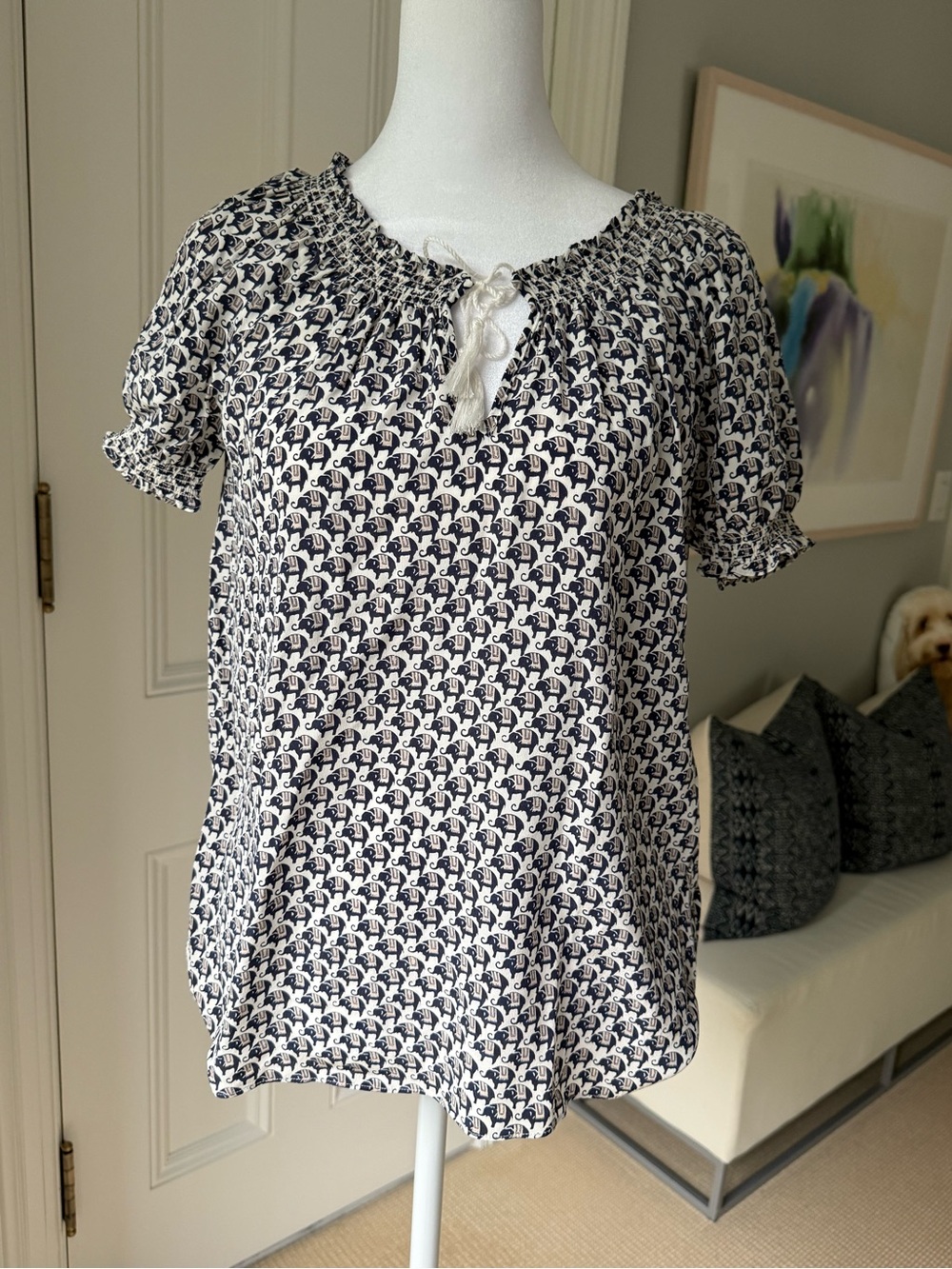 Joie Navy and White Printed Short Puff Sleeve Peasant Blouse with elephant motif